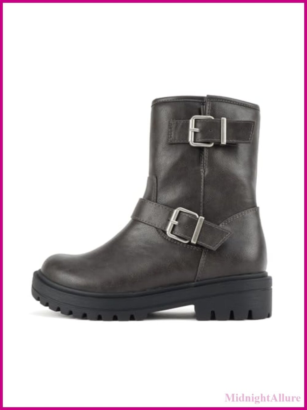 Soda Kicker Women Moto Bootie Vegan Leather Mid-Calf Boot Round Toe Buckle